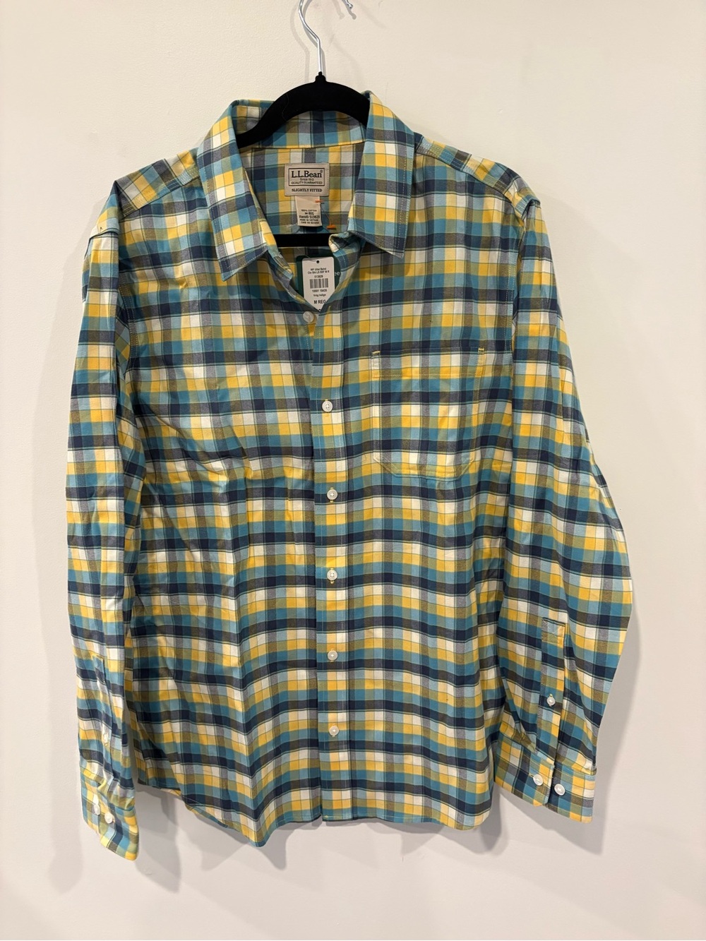 L.L. Bean Men's Yellow, Blue & Green Plaid Slightly Fitted Button-Down Shirt